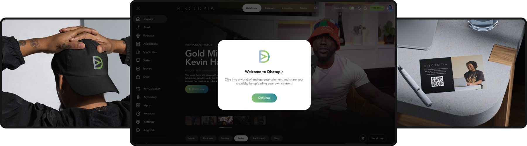 Disctopia logo applied across merchandise (cap), digital app screen, and printed business card