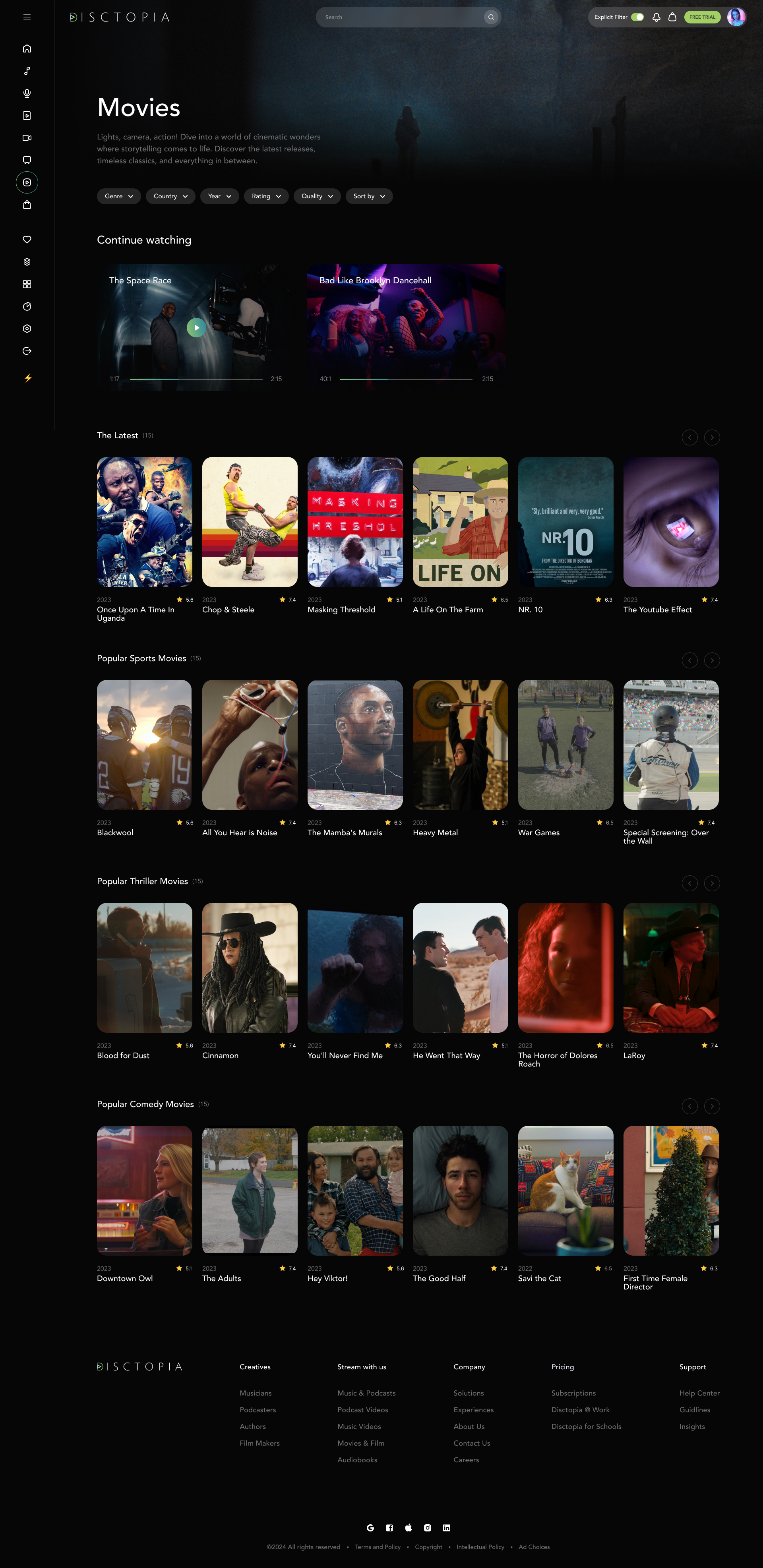Disctopia Movies page — curated indie film discovery with continue-watching, latest, sports, thriller, and comedy rows